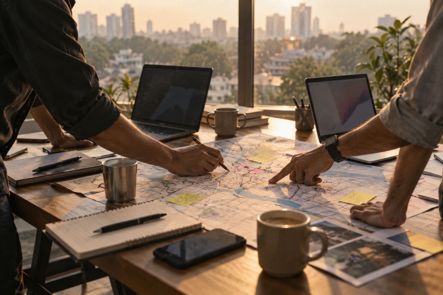 Two people's hands pointing at a marked-up city map on a work table by a window.