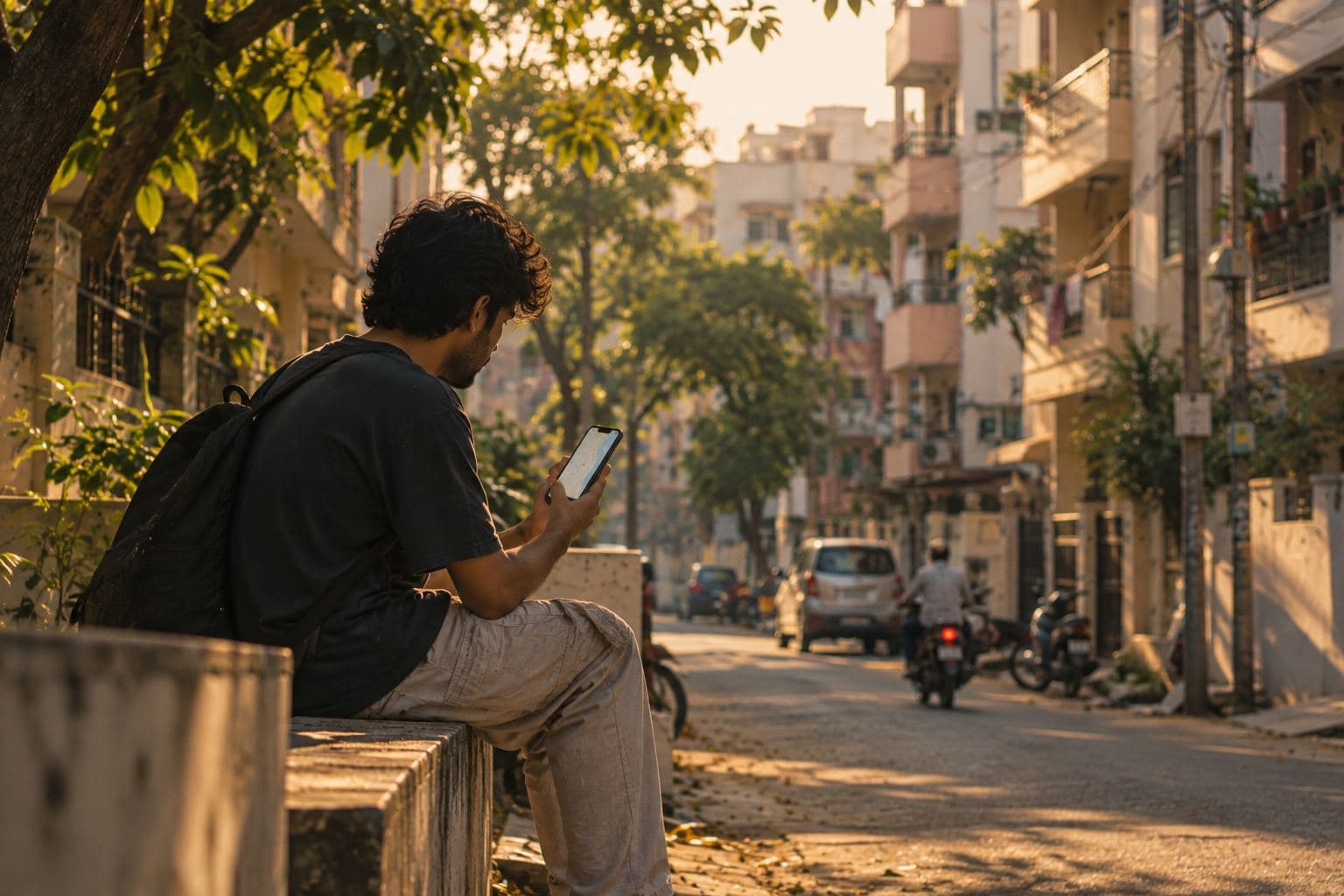 A young man on a residential street studying a map on his phone.